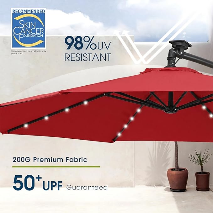 wikiwiki 10ft Solar LED Patio Umbrella with Base Included, Offset Umbrella with Weighted Sandbag Base, Cantilever Patio Umbrellas for Backyard, Garden & Deck, 32 LED Lights & Polyester Shade, Red - Image 4