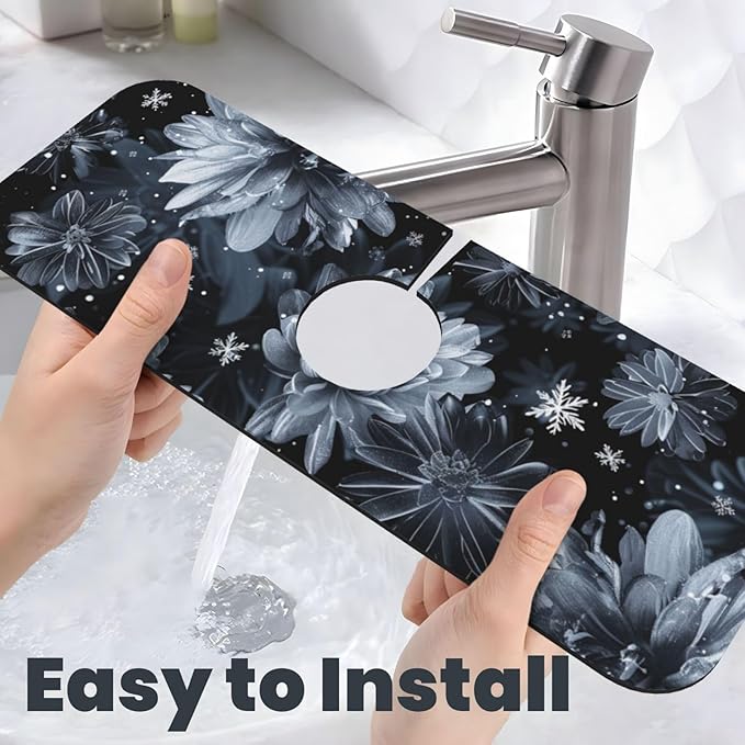 Faucet Draining Mat For Kitchen Sink, Stylized Gray Chrysanthemum Flowers - Image 5