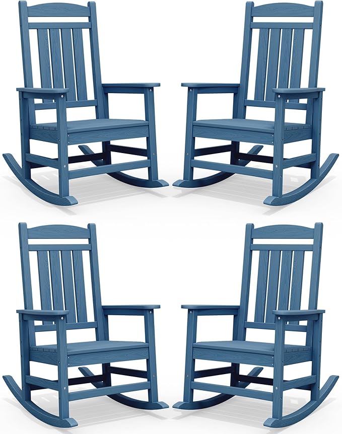 SERWALL Rocking Chairs Set of 4, HDPE Outdoor Rocking Chair, All-Weather Porch Rockers for Patio, Blue by SERWALL