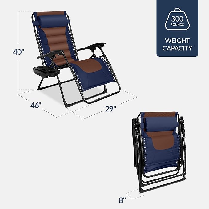Best Choice Products Oversized Padded Zero Gravity Chair, Folding Outdoor Patio Recliner, XL Anti Gravity Lounger for Backyard w/Headrest, Cup Holder, Side Tray, Polyester Mesh - Navy/Brown - Image 3