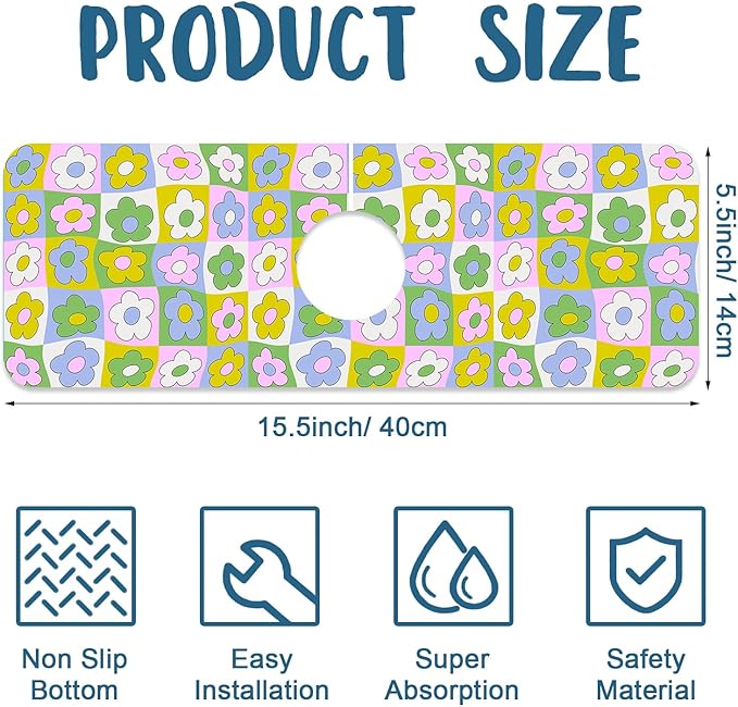 Cute Flowers Kitchen Sink Splash Guard Faucet Mat Retro Floral Super Absorbent - Image 2