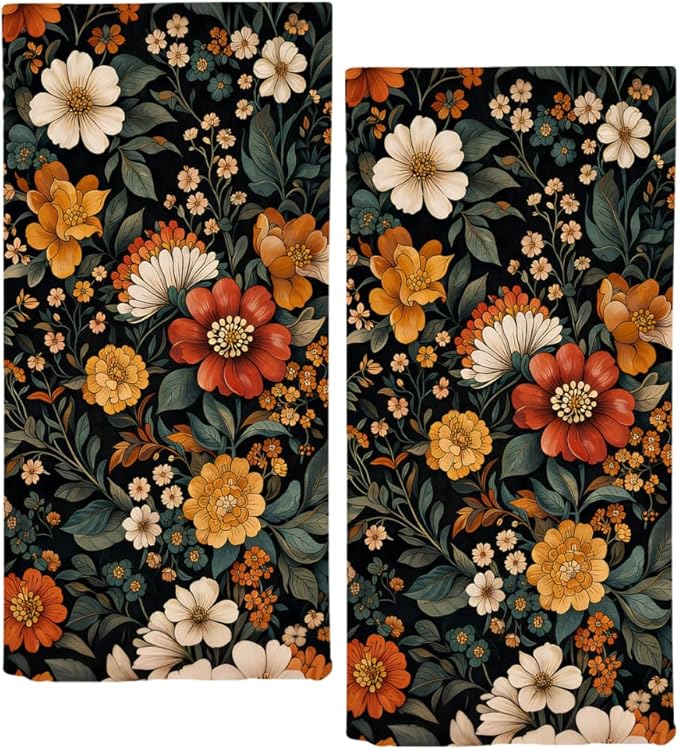 Boho Floral Hand Towels Set of 2 Mid Century Flower Kitchen Towels Decorative by qiuhuang