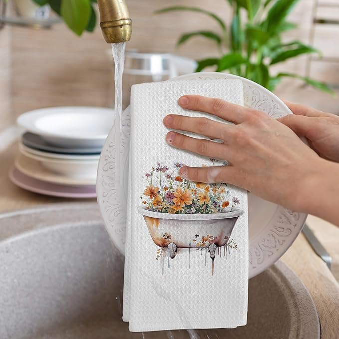 Orange Wildflower Hand Towels for Bathroom Set of 2, Sage Green Shower Head - Image 4