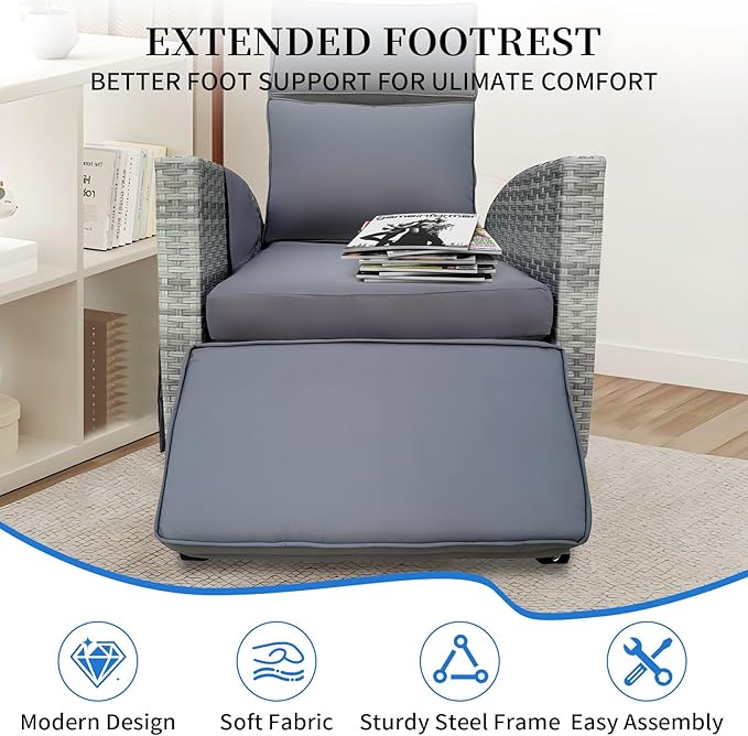 Wicker Outdoor Recliner | 145° Wicker Patio Reclining Chair with 4" Cushion | Air Pump Adjustable Backrest & Footrest, Flip-up Table & Side Pocket for Yard Patio Porch (Gray) - Image 7