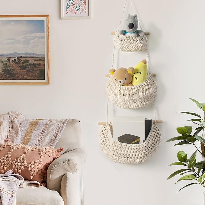 Hanging Fruit Basket, 3 Tier Over The Door Organizer, Handmade Woven Cotton - Image 7