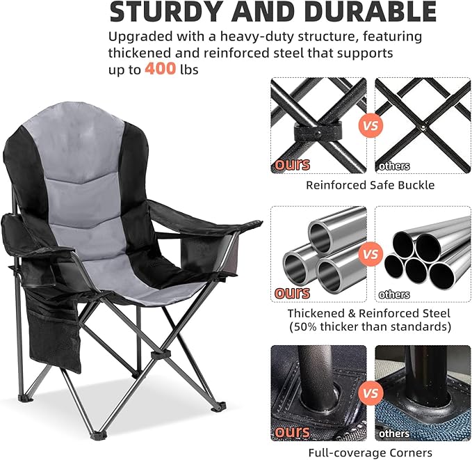 2 Pack Folding Camping Chairs for Adults - High Back Padded Outdoor Lawn Chairs with Lumbar Support & Cup Holder, 400lbs Heavy Duty Portable Camping Chairs Set (Black & Light Gray) - Image 8