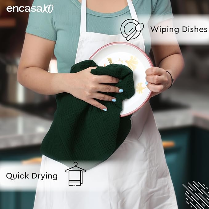 Encasa XO Kitchen Dish Towels Set | Dark Green | Waffle Weave and Flat Hand Tea - Image 5