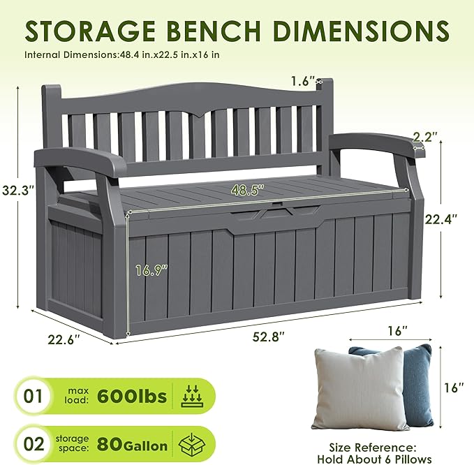 Greesum 80 Gallon Outdoor Storage Bench, Resin Patio Furniture with Armrest,Waterproof and UV-Resistant, Perfect to Garden, Poolside and Lawn, Dark Grey - Image 3
