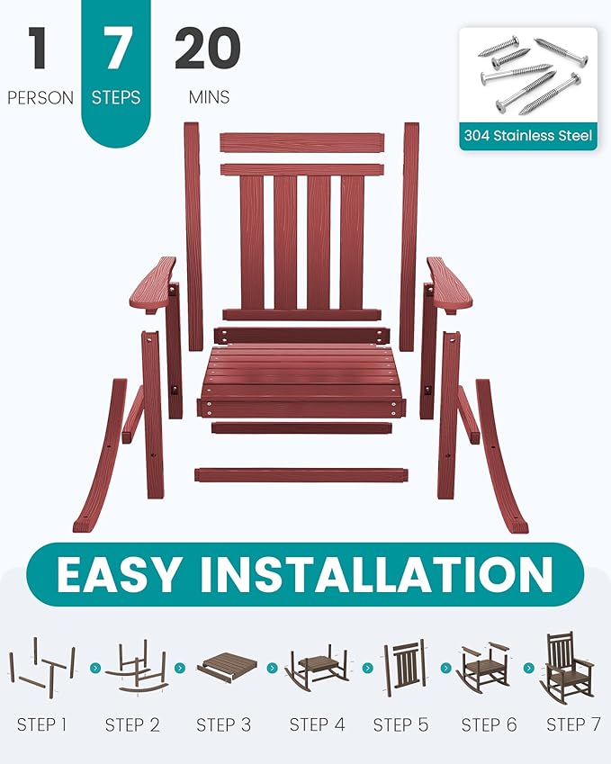 SEWALL HDPE Rocking Chair, Oversized Outdoor Rocking Chair for Adults, Patio Rocker for Porch, Crimson Red - Image 7