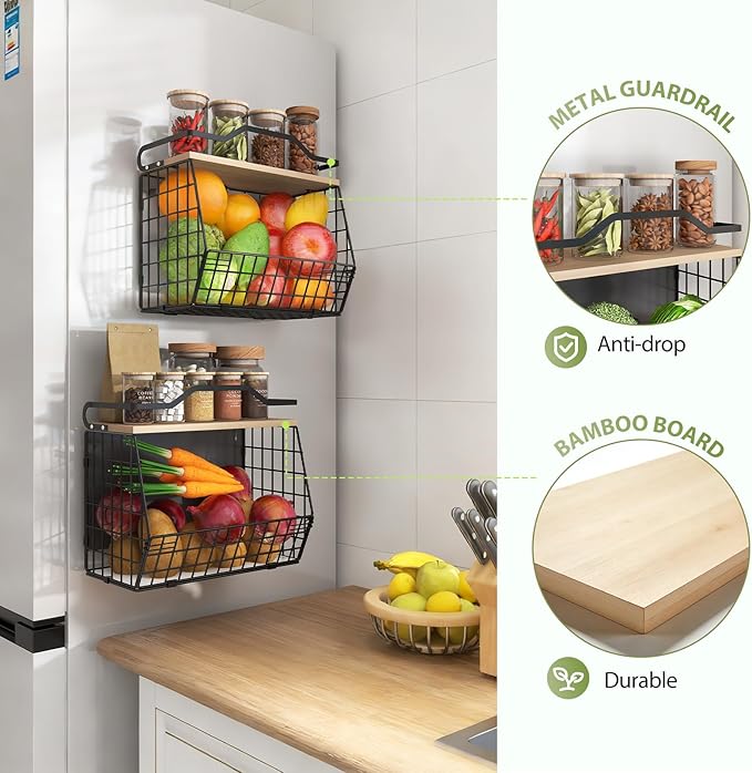 Magnetic Shelf for Fridge with Wood Lid, 2 Tier Fruit Baskets Wall Mounted - Image 3