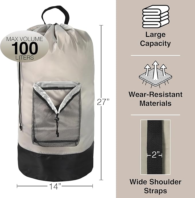 Laundry Bag Backpack with Shoulder Straps and Mesh Pocket Laundry Backpack - Image 2