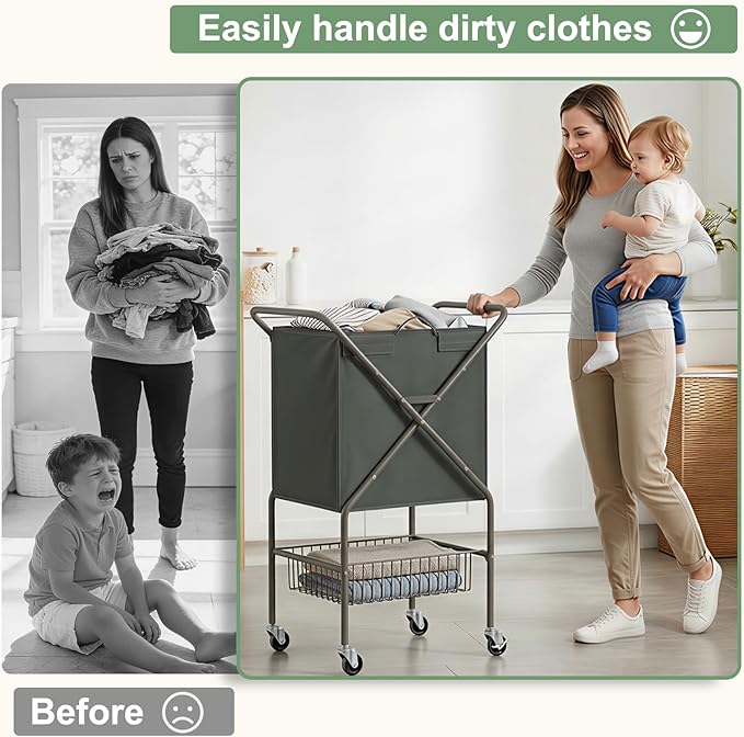 Laundry Basket with Wheels:88L Rolling Laundry Cart Foldable Metal Frame Dirty - Image 2