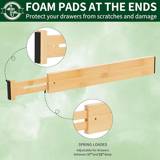 4 Pack Bamboo Drawer Dividers 2.6" High, Adjustable Spring Loaded Clothes - Image 5
