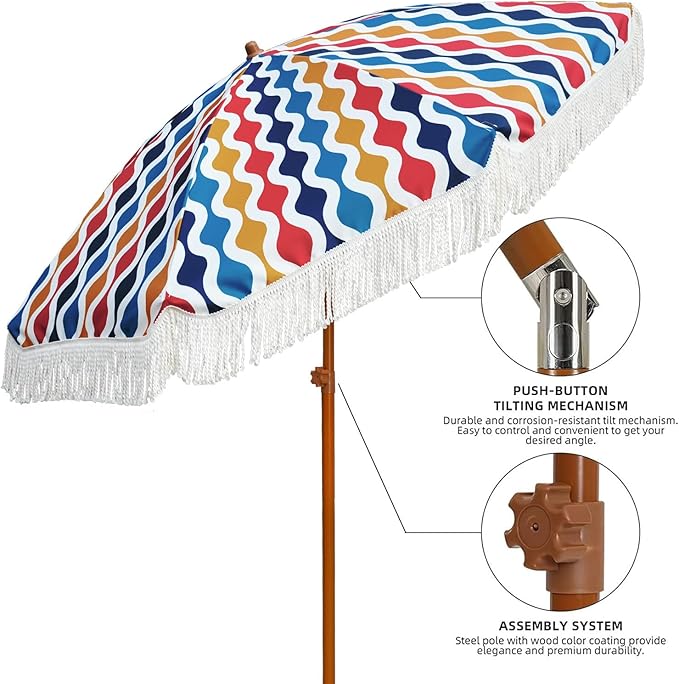 AMMSUN 7ft Patio Umbrella with Fringe Outdoor Tassel Umbrella UPF50+ Premium Steel Pole and Ribs Push Button Tilt, Wave Colorful - Image 2