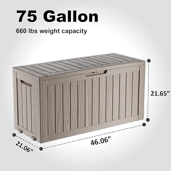 DRATO 75 Gallon Deck Box, Waterproof Resin Large Outdoor Storgae Box for Patio Furniture, Patio Cushions, Gardening Tools, Pool Supplies, Lockable（Gray，75 Gallon） - Image 2