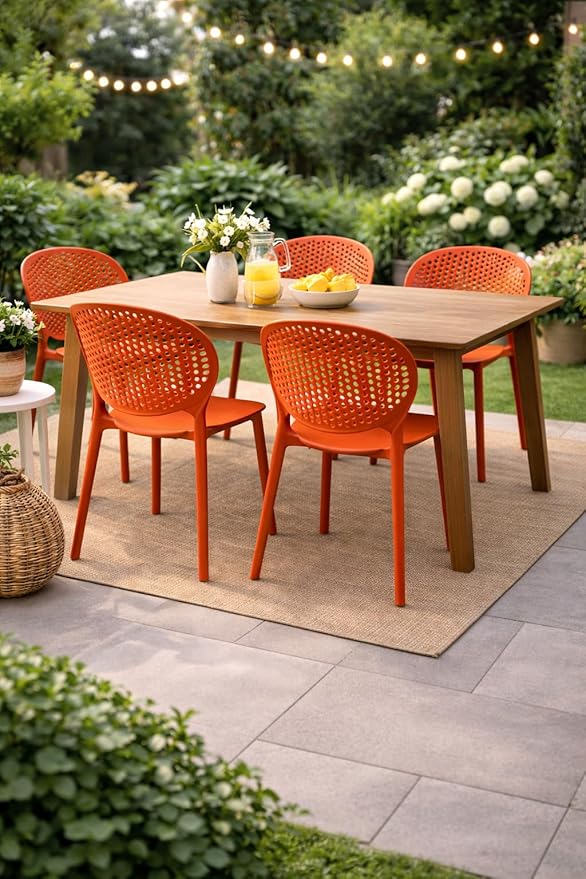 2xhome Patio Dining Chair | Modern Stackable Outdoor Pool Side Chair | Weather Resistant Plastic for Yard, Porch, Balcony, Kitchen, Orange, Single, Set of 1 - Image 2