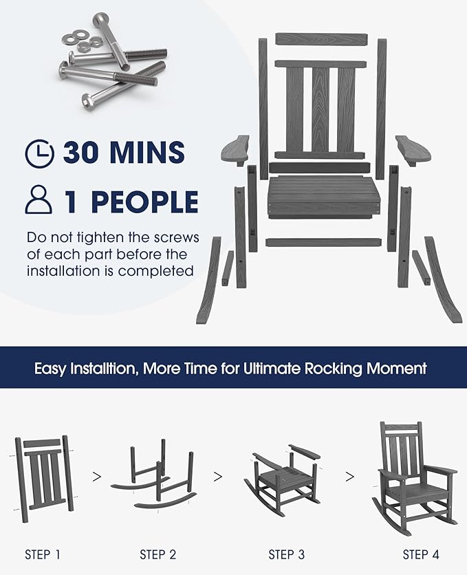 KINGYES Oversized Outdoor Rocking Chair, All-Weather Patio Rocking Chairs for Porch, HDPE Outdoor Patio Rockers with High Back & Wide Seat for Garden, Lawn, Gray - Image 5