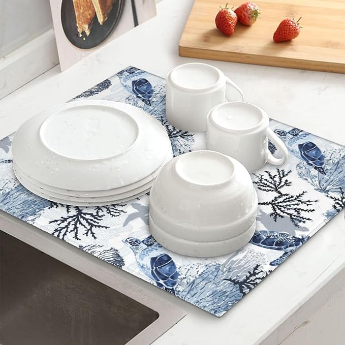 Nautical Blue White Sea Turtle & Coral Dish Drying Mats - Image 3