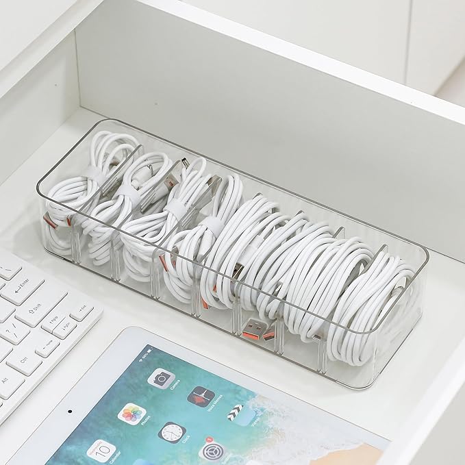 Clear Cable Cord Organizer Box, Adjustable Desk Drawer Storage Case - Image 4
