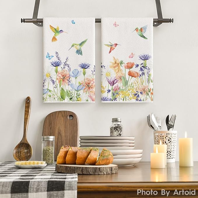 Artoid Mode Anemone Flower Hummingbird Kitchen Towels Dish Towels, 18x26 Inch - Image 2