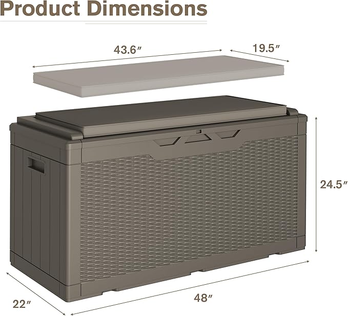 JUMMICO 100 Gallon Resin Deck Box with Cushion, Waterproof Outdoor Storage Box with Lockable Lid for Garden Tools, Patio Cushions (Light Brown) - Image 2