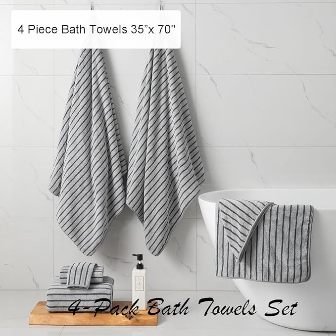Oliven 4 Piece Grey Cabana Stripe Large Bath Towels Oversized Bath Sheet Super - Image 3