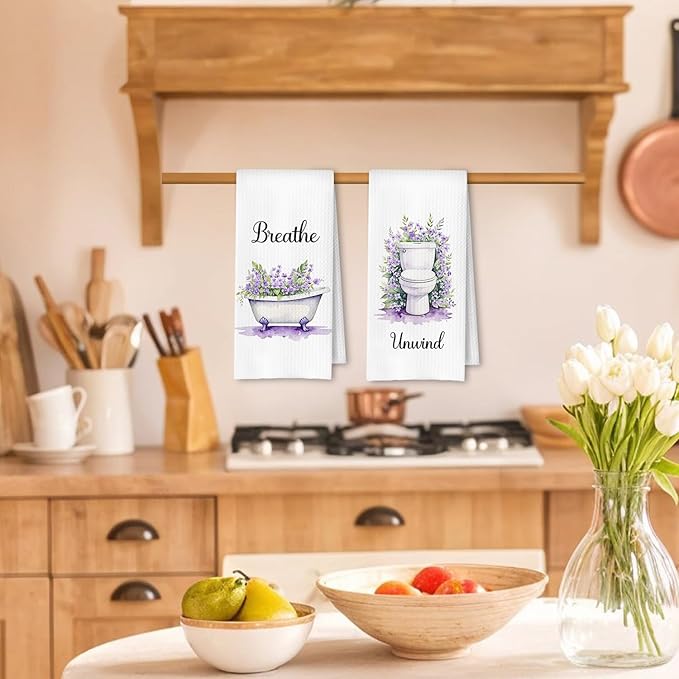 Farmhouse Purple Botanical Bathroom Hand Towels, Relax Breathe Soak Unwind - Image 2