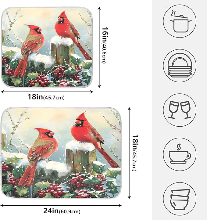 Winter Birds Snowflakes Berry Dish Drying Mat - Image 2