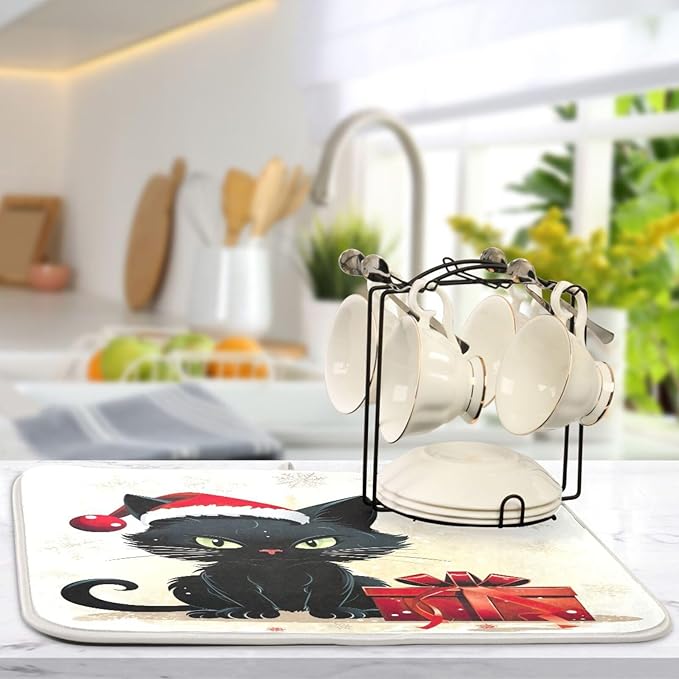 Christmas Dish Drying Mat Kitchen Counter Absorbent Black Cat Coffee Sink Mat - Image 5