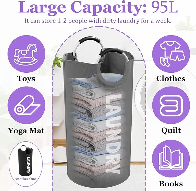 2Pcs Large Laundry Hamper for Adult, 95L Folding Clothes Basket - Image 2