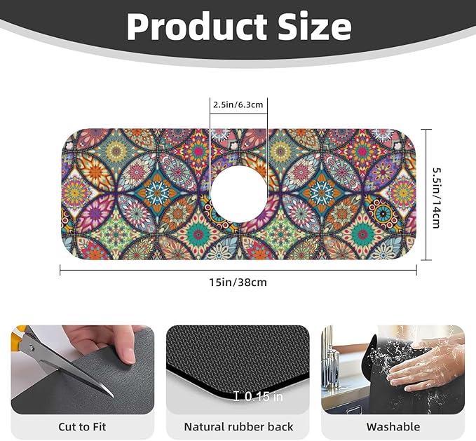 Boho Pretty Mandala Ceramic Rainbow Kitchen Sink Splash Guard Faucet Mat 1 Pcs - Image 2