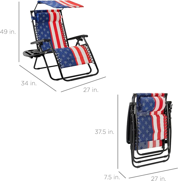 Best Choice Products Folding Zero Gravity Outdoor Recliner Patio Lounge Chair w/Adjustable Canopy Shade, Headrest, Side Accessory Tray, Textilene Mesh - American Flag - Image 3