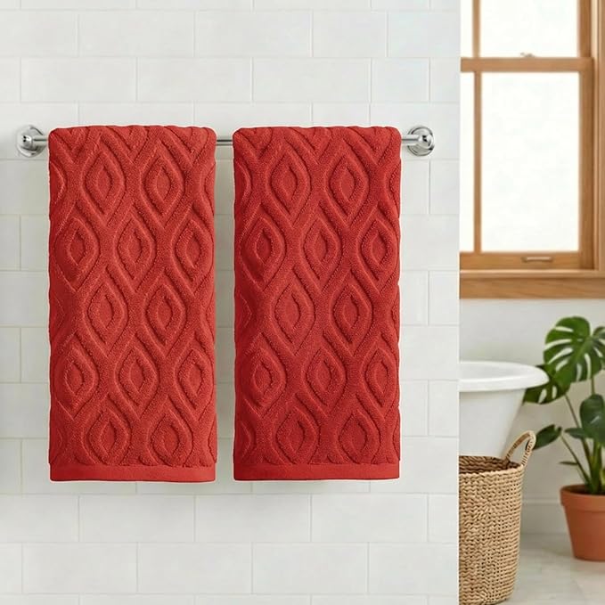Artoid Mode 2 Pcs Red 3D Diamond Grid Jacquard Hand Towels - Image 2