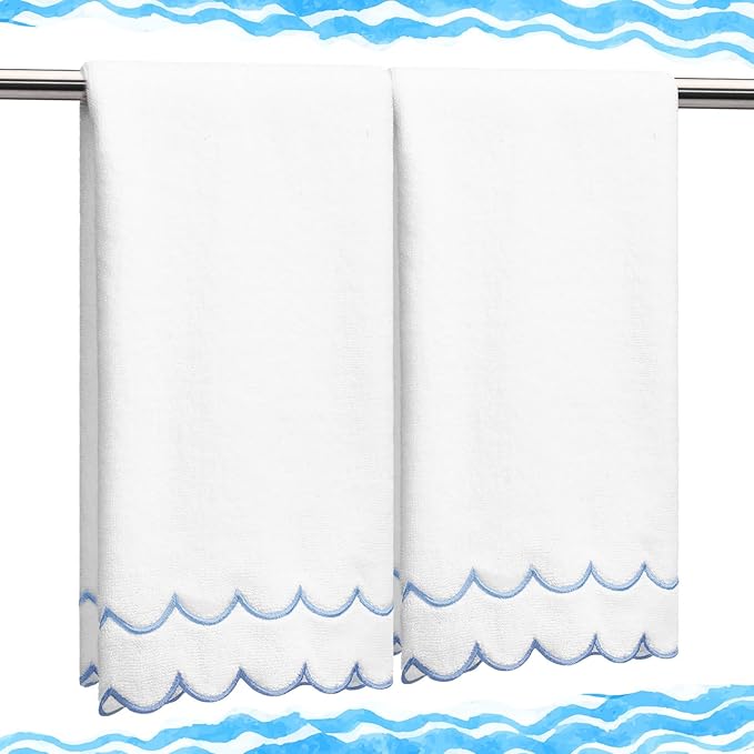 2 Pcs Scalloped Hand Towels 100% Cotton Fingertip Towels by Hahafelt