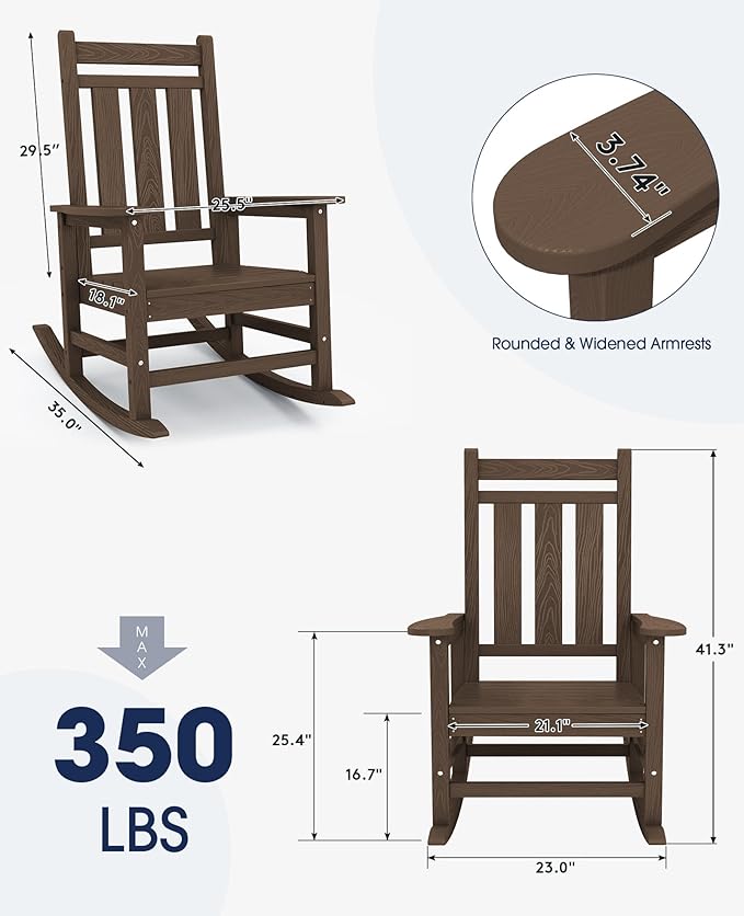 KINGYES Oversized Outdoor Rocking Chair Set of 2, All-Weather Patio Rocking Chairs for Porch, HDPE Outdoor Patio Rockers with High Back & Wide Seat for Garden, Lawn, Coffee - Image 2