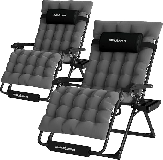 UDPATIO Oversized Zero Gravity Chair Set of 2, 33In XXL Patio Reclining Chair with Cushion, Outdoor Folding Recliner with Pillows|Cup Holder|Foot Rest|Padded Headrest, Dark Grey, Support 502LB by UDPATIO