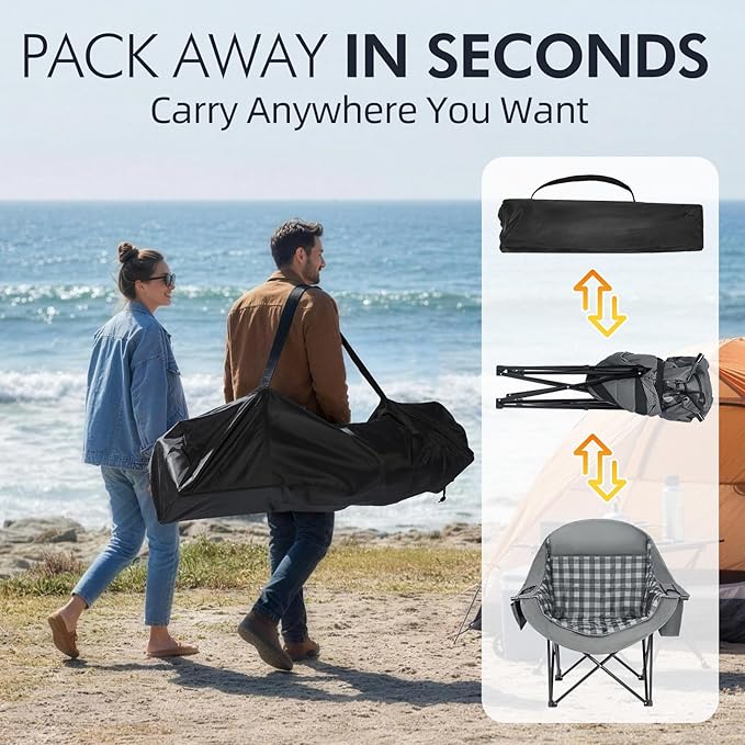 Oversized Camping Chair for Adults - Heavy Duty Outdoor Padded Large Lawn Camp Chair with Cup Holder Cooler Pockets for Sports Beach Fishing Garden Portable Supports 500lbs, Grey 2 Pack - Image 7