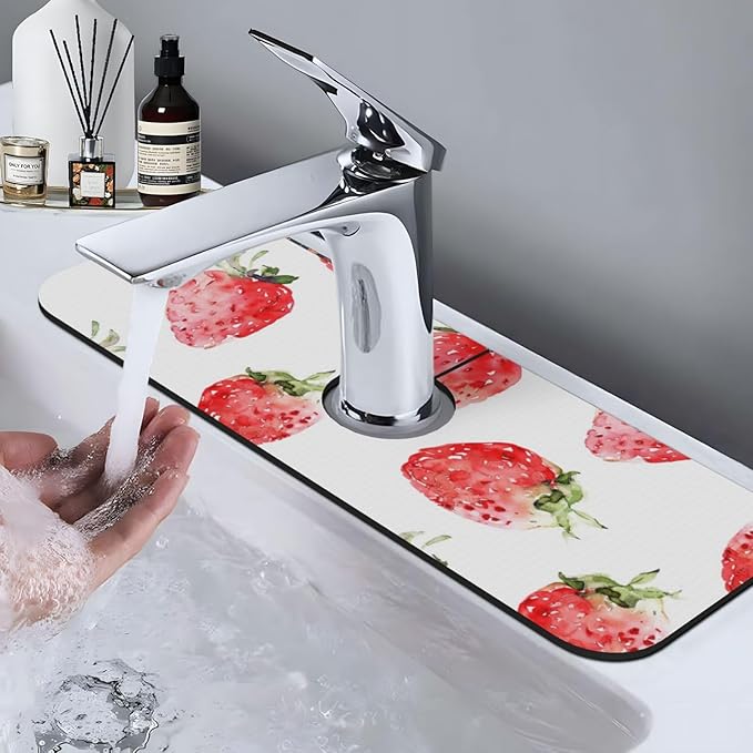 Faucet Draining Mat For Kitchen Sink, Watercolor Strawberries Diatom Mud - Image 8