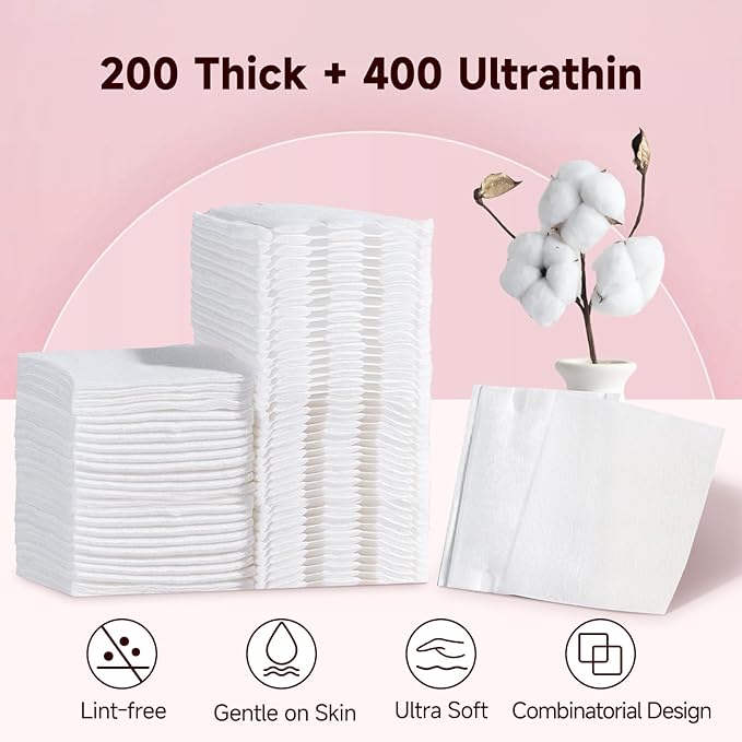600 PCS Square Cotton Pads, Soft and Lint-Free, Includes 400 Ultra-Thin and 200 - Image 2