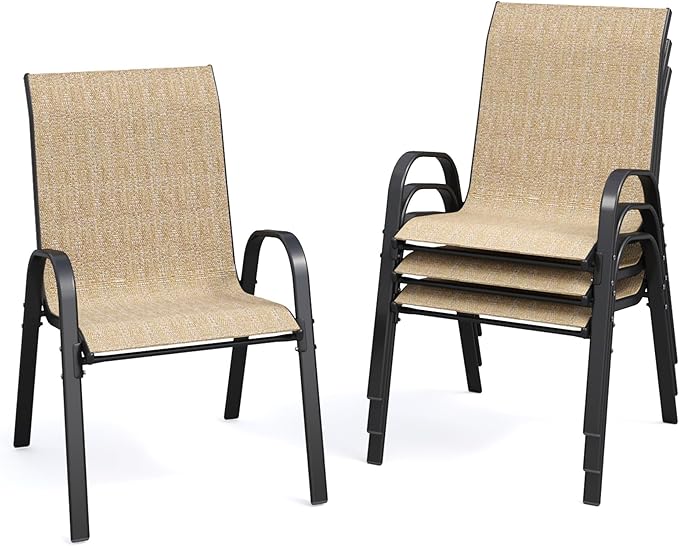 Patio Dining Chairs Set of 4, Outdoor High Stacking Chairs for All Weather, Breathable Seat Fabric and Alloy Steel Frame for Backyard, Porch, Garden (Brown) by VonzoyHome