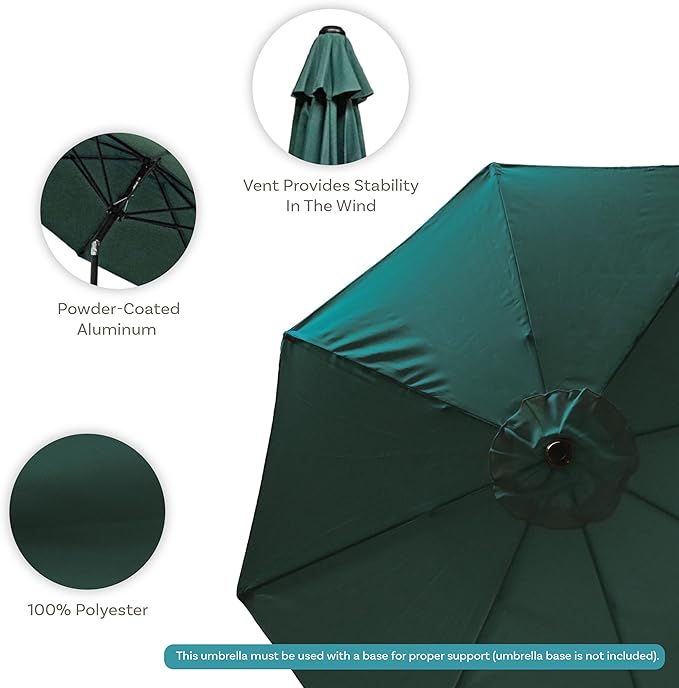 Sunnydaze Outdoor Patio Umbrella - Polyester Table Market Umbrella with Push-Button Tilt and Crank - 8 Sturdy Ribs - Green - 9ft - Image 2
