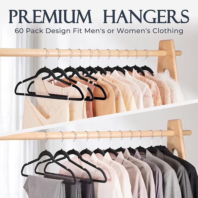 HOUSE DAY Black Velvet Hangers 60 Pack, Non Slip Clothes Felt Hanger Heavy Duty - Image 8