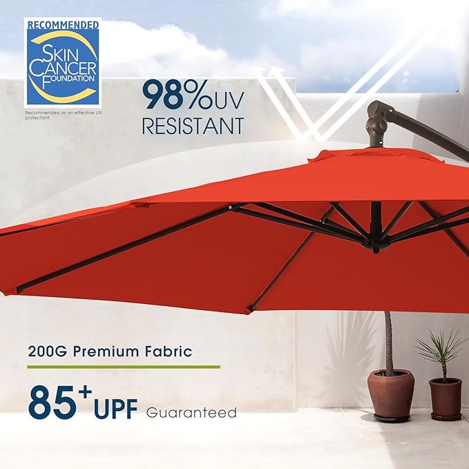 wikiwiki 10ft Patio Umbrella with Base Included, Outdoor Offset Cantilever Umbrella, Infinite Tilt, Crank and Cross Base, Light Red - Image 3