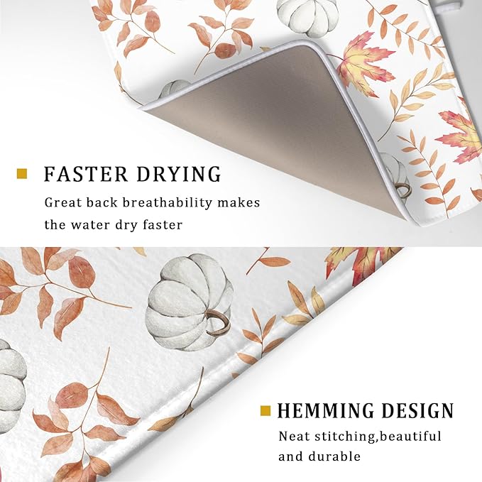 Fall Dish Drying Mat for Kitchen Counter Autumn White Pumpkins Maple Leaves - Image 3