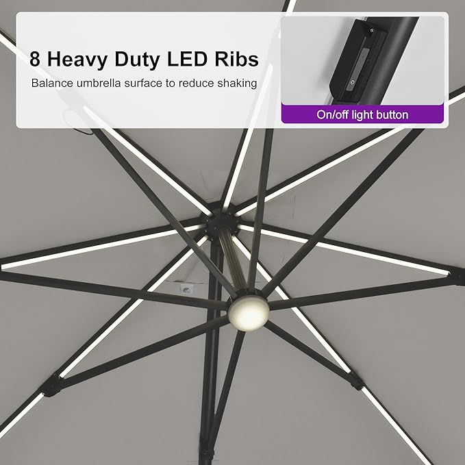 PURPLE LEAF 10 Feet Patio Umbrella with Base Outdoor Cantilever Solar Powered LED Swivel Square Umbrella Aluminum Offset Umbrella with 360-degree Rotation for Garden Deck Pool Patio White - Image 6