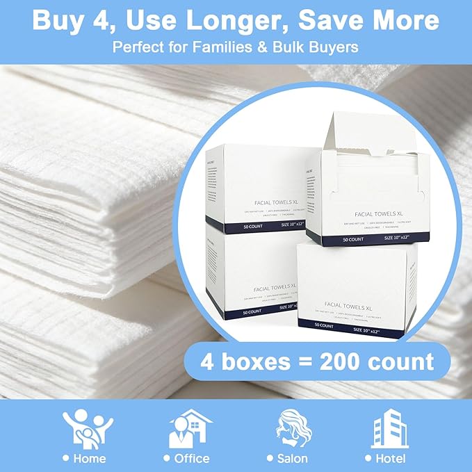 200 Count Disposable Face Towels – Value Pack Extra Thick Biodegradable Facial - Image 2
