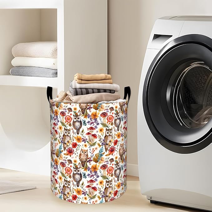 Charming Owl with Mushroom and Floral Laundry Basket with Handles, 19.7"x15.7" - Image 2