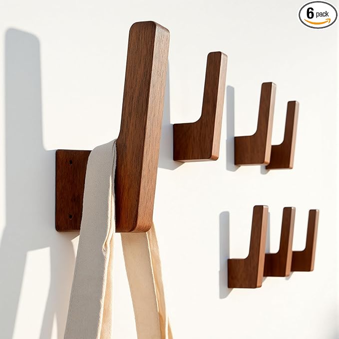 6 Pack Walnut Wood Wall Hooks – Handcrafted Solid Wood Hooks by PinEther