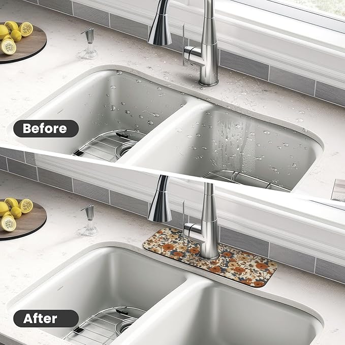 Faucet Draining Mat For Kitchen Sink, Peony Flower Blue Leaves Diatom Mud - Image 3