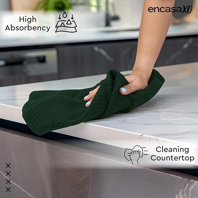 Encasa XO Kitchen Dish Towels Set | Dark Green | Waffle Weave and Flat Hand Tea - Image 3